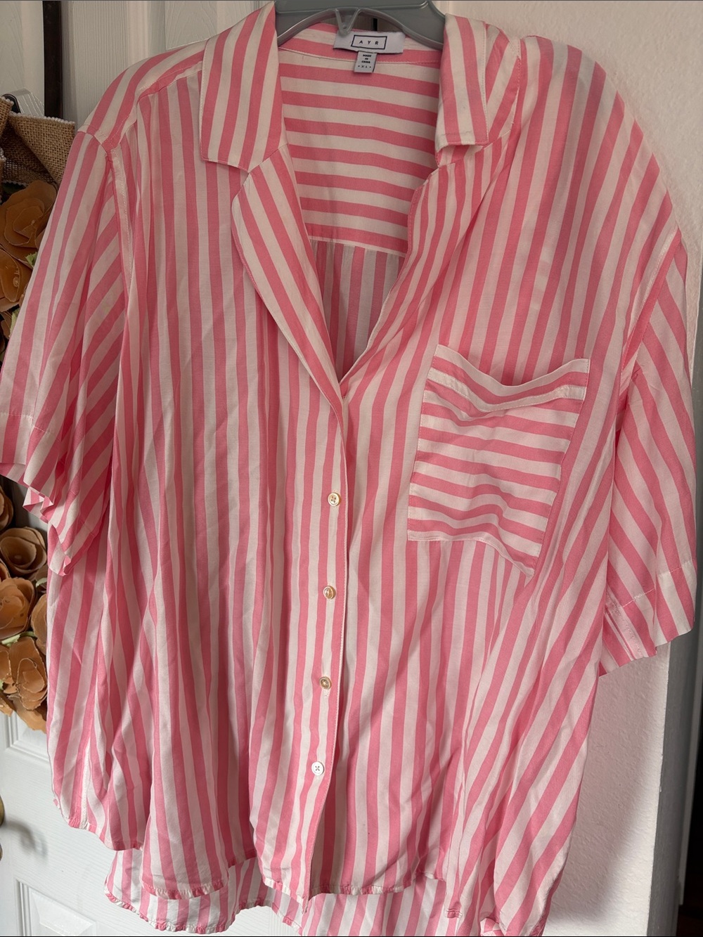 AYR Top XL Womens Pool Boy Pink Striped Silk Blend Shirt (Flamingo)